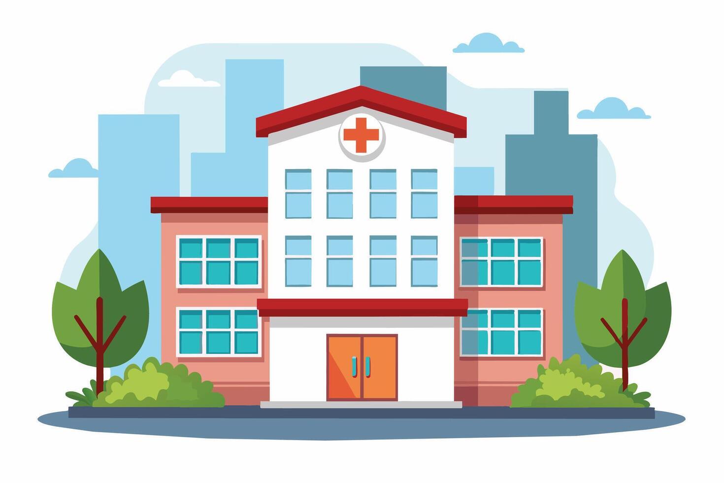 A cartoon illustration of a modern city hospital building with a red roof, surrounded by green trees and bushes. The building features many windows and a large entrance. vector