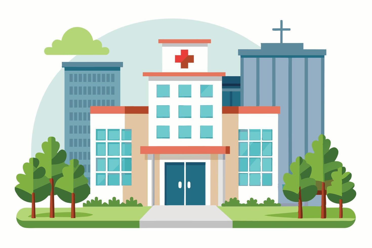 A cartoon illustration of a modern hospital building in a city setting, featuring a red cross, green trees, and a tall building in the background. vector