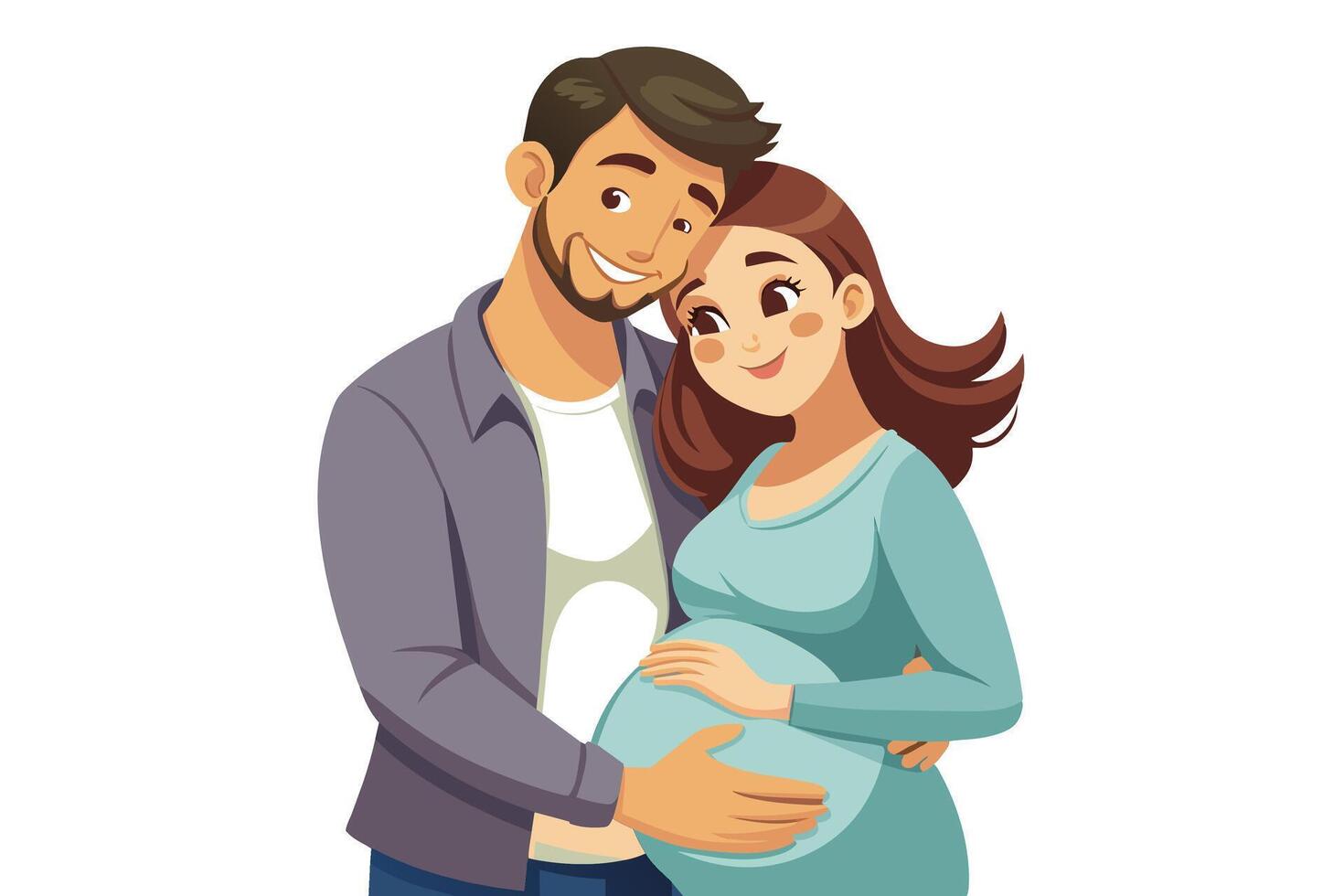 A cartoon illustration of a happy couple, the woman is pregnant and the man has his arm around her, they both look lovingly at the baby bump. vector