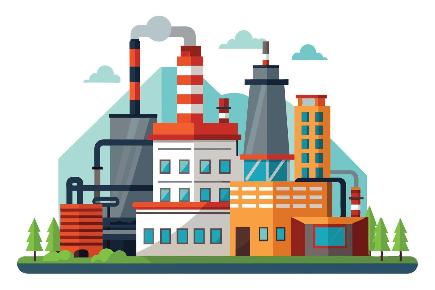 Digital art of a modern industrial complex with tall buildings and smokestacks. Red and orange roofs, smokestacks emitting smoke, trees, blue sky. vector
