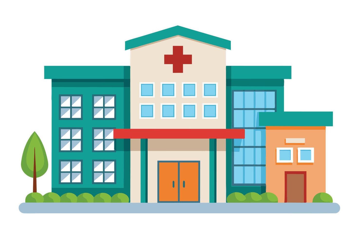 A simple illustration of a modern hospital building with a red cross on the front, featuring green bushes and a tree. vector
