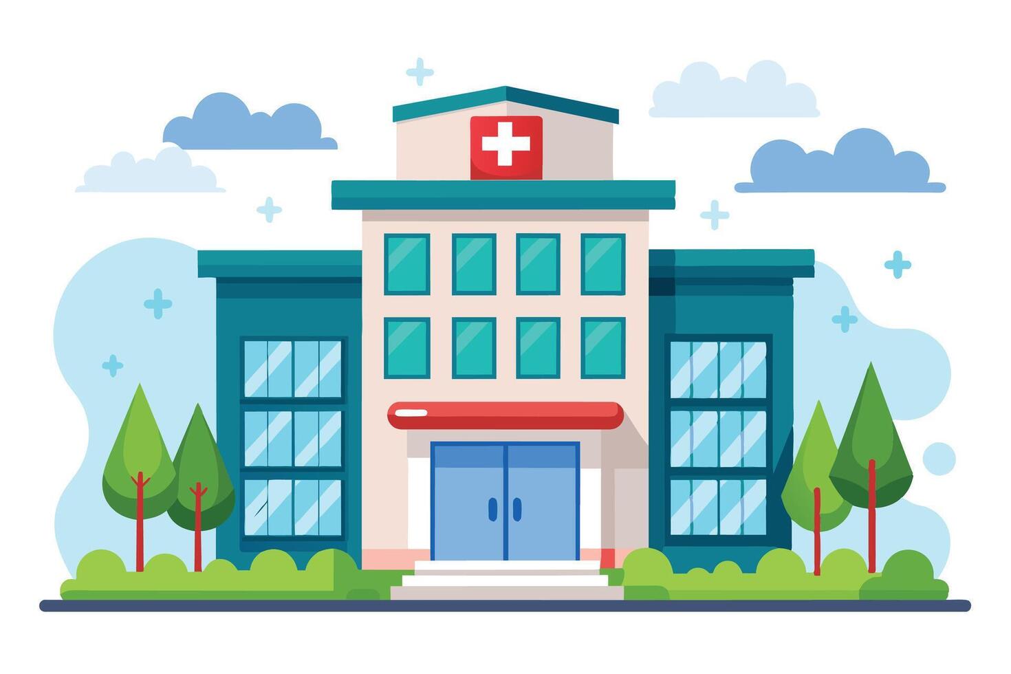 A colorful illustration of a modern hospital building with large windows, a red awning, and a red cross on the roof. vector