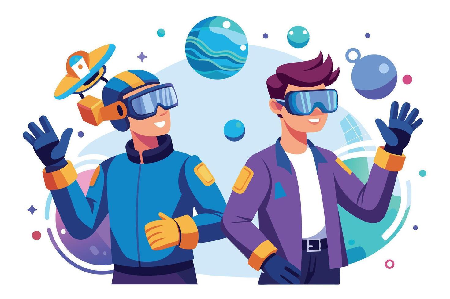 Two men wearing VR headsets interact with a virtual world. The man on the left has a drone attached to his headset, while the man on the right is reaching out to grab a virtual object. vector