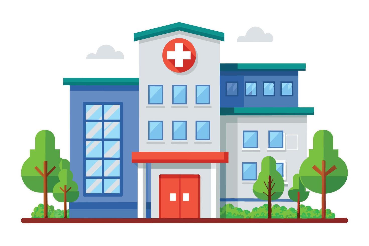 A cartoon-style illustration of a modern hospital building with red doors and green trees in front. vector
