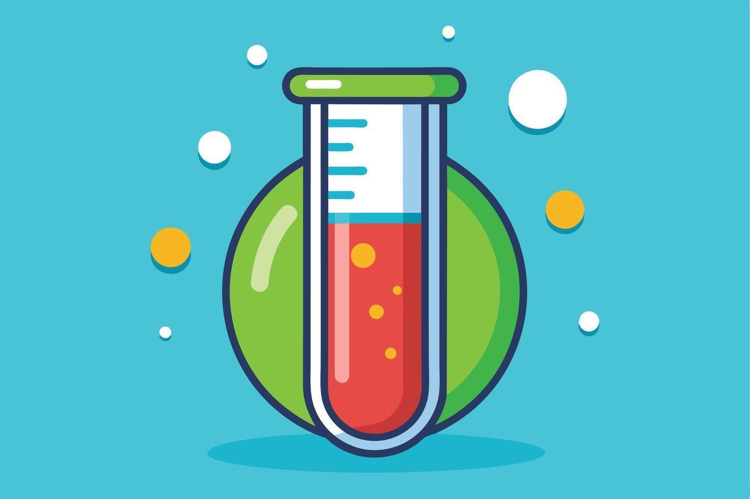 A cartoon illustration of a test tube filled with red liquid. The test tube is surrounded by a green circle and a blue background. vector