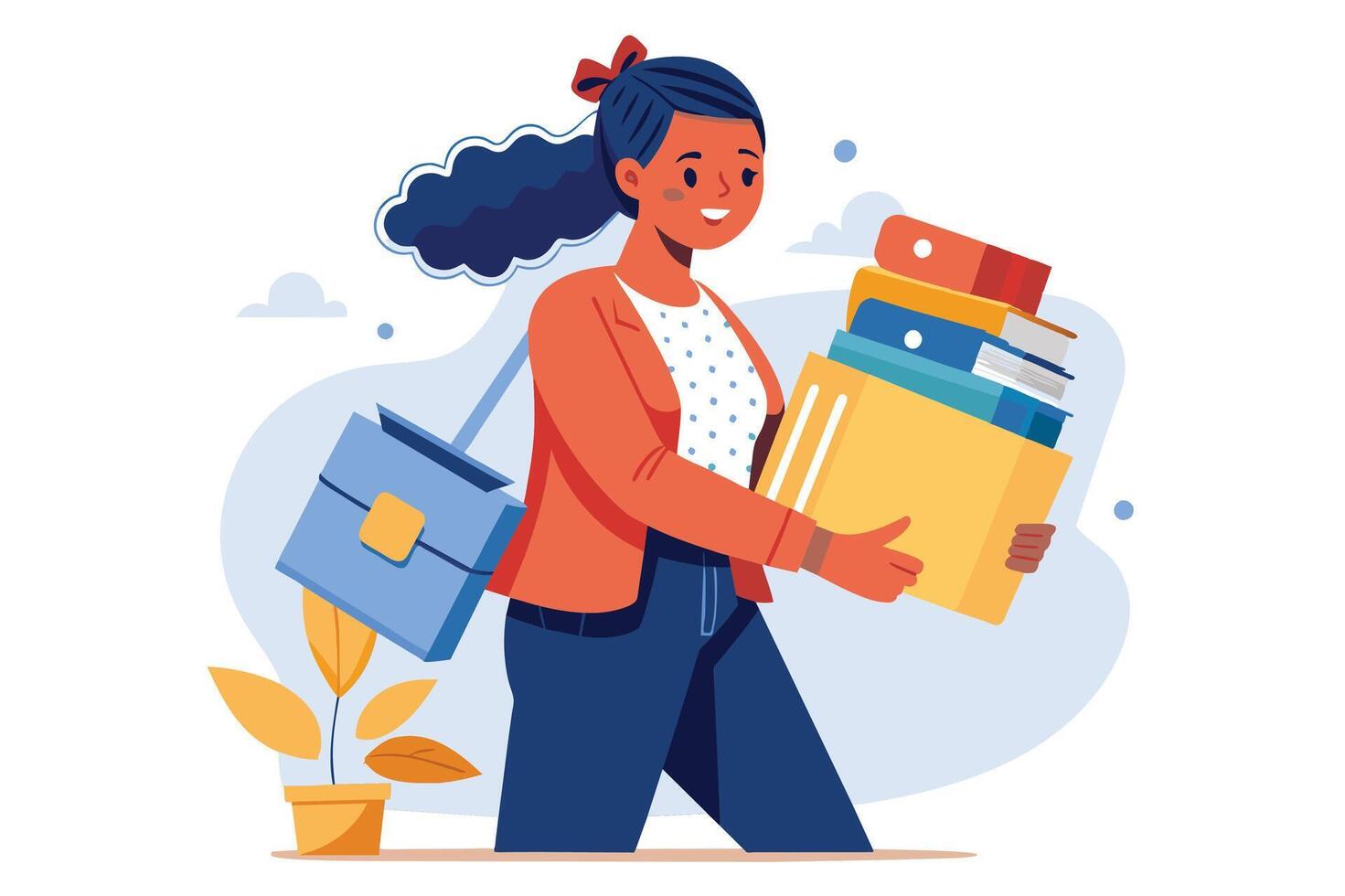 A businesswoman with a red jacket and blue pants carries a stack of files and a blue briefcase. vector