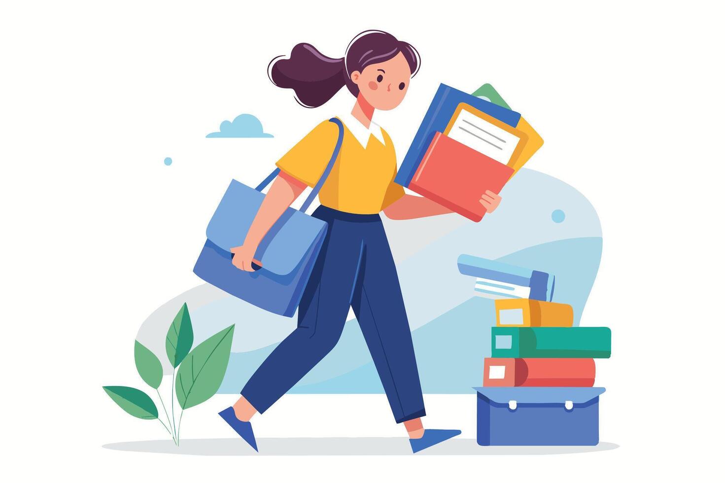 A cartoon illustration of a student walking with a bag and books on her way to class. vector