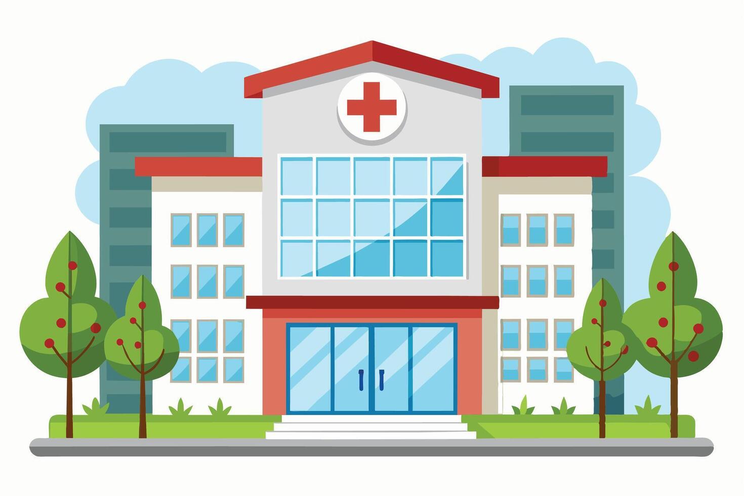 A cartoon illustration of a modern hospital building with a red cross symbol, surrounded by trees and a clear blue sky. vector