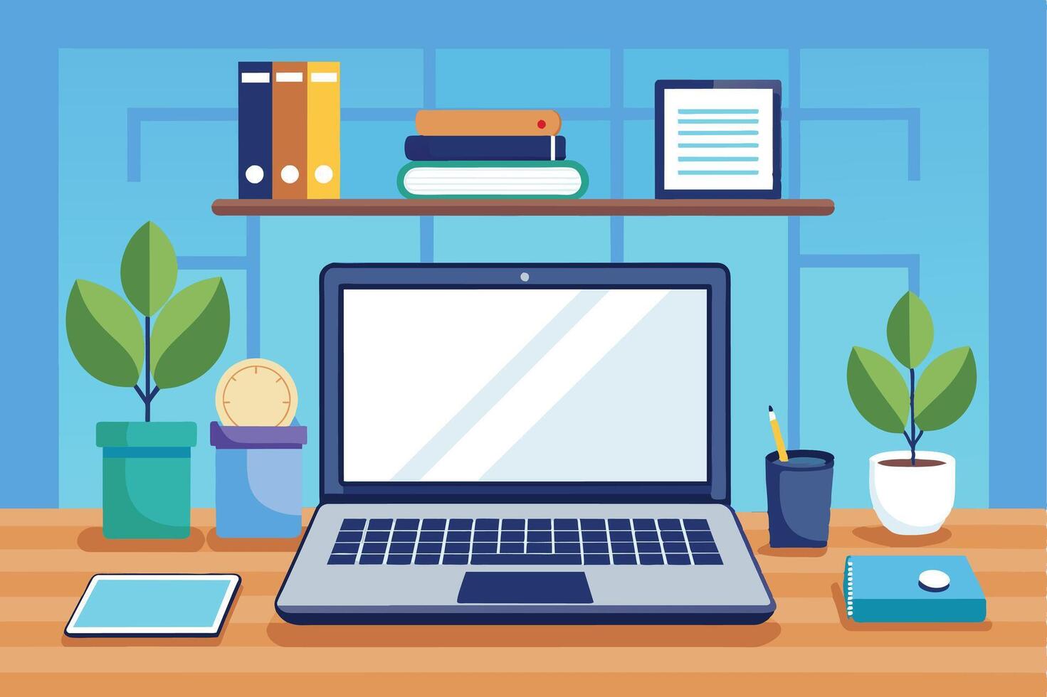 An illustration of a modern desk with an open laptop, plants, books, a clock, and a pencil. vector