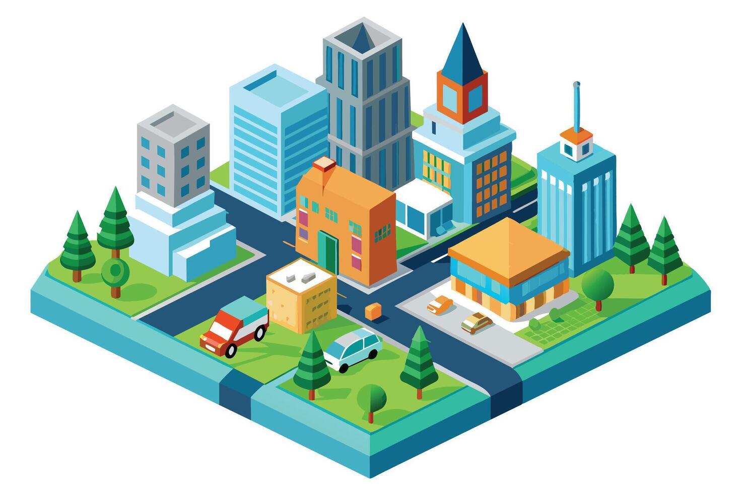 Isometric city street with skyscrapers, shops, apartments, trees, and vehicles. vector