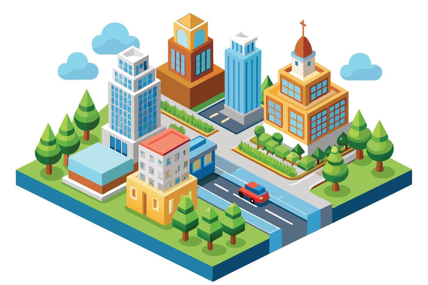A colorful isometric illustration of a modern cityscape featuring several buildings, trees, and a red car driving on a road. vector