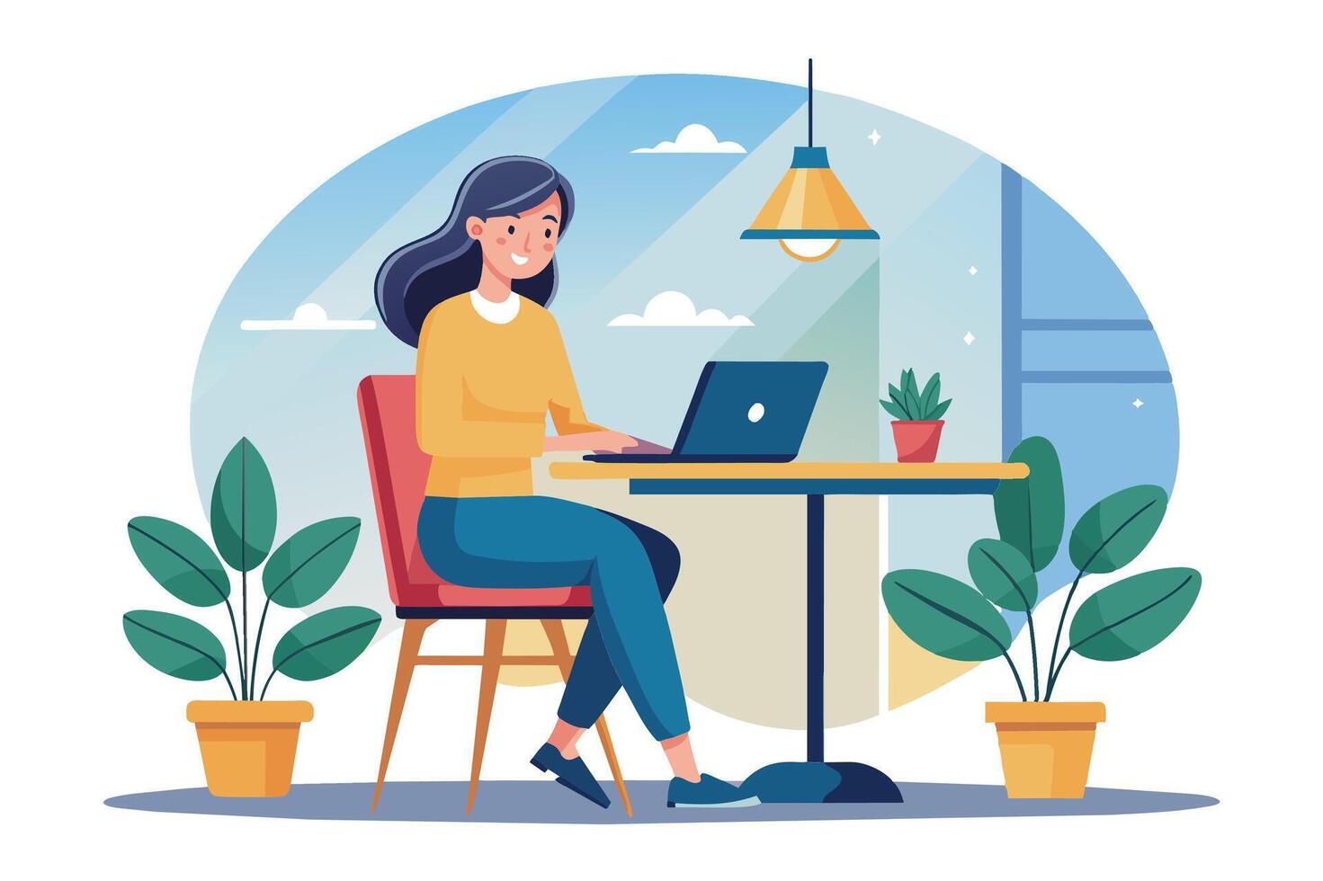 A woman sits at a table in a coffee shop, working on her laptop. She has a cheerful expression and seems to be enjoying her work. vector