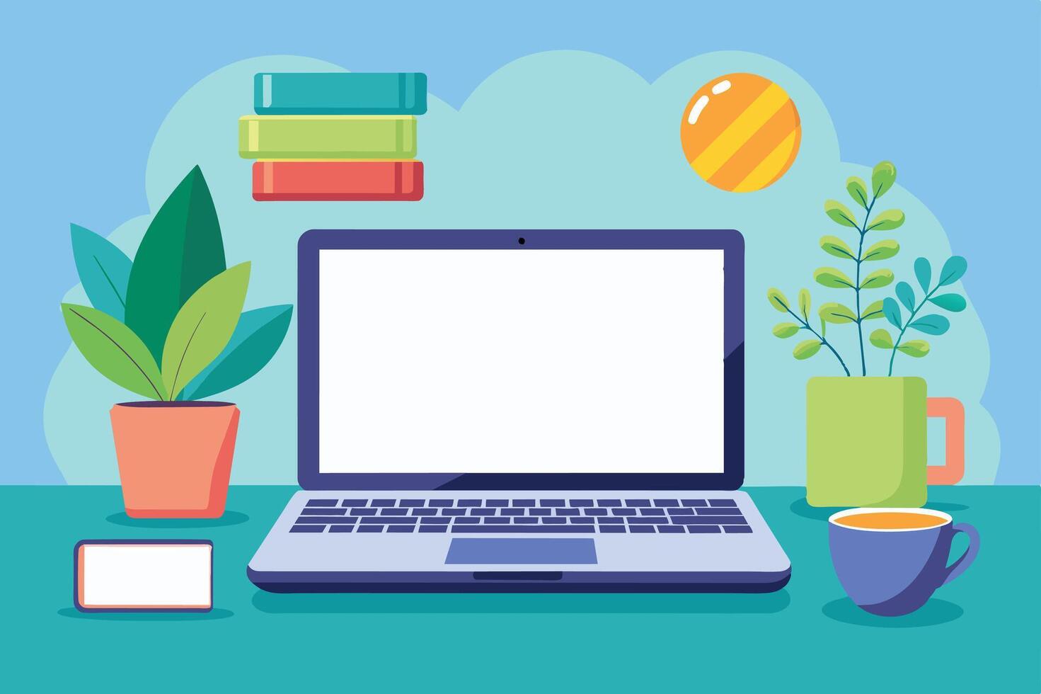 A modern laptop with a blank screen sits on a green desk, surrounded by plants, books, and a cup of coffee. vector