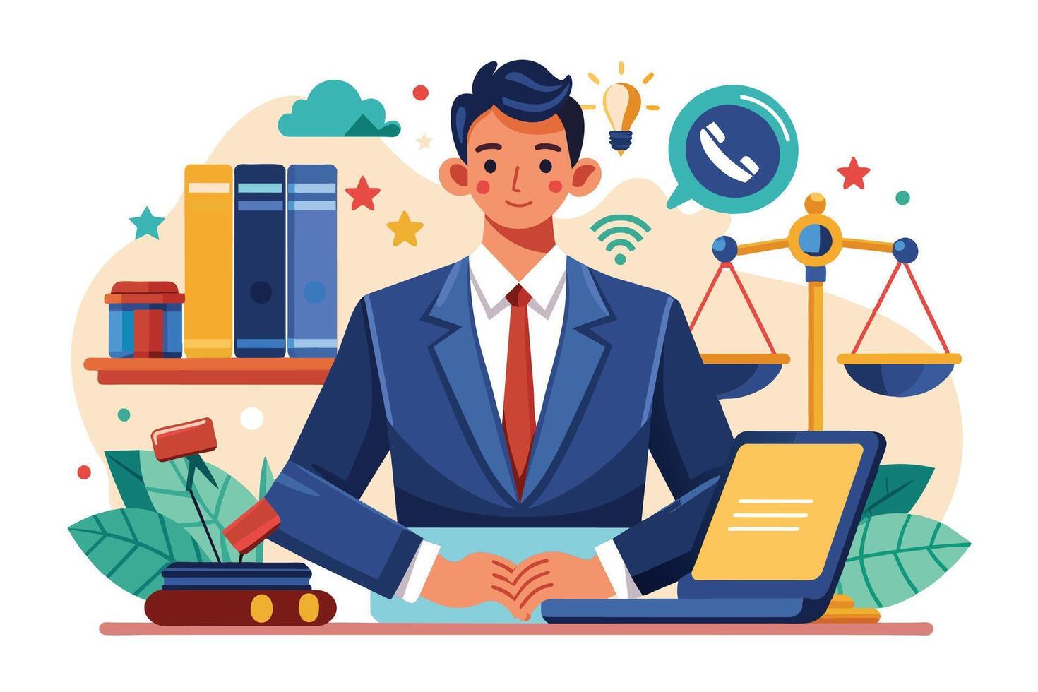 A smiling lawyer in a blue suit and red tie sits at a desk with a laptop and law symbol, suggesting legal expertise and professionalism. vector