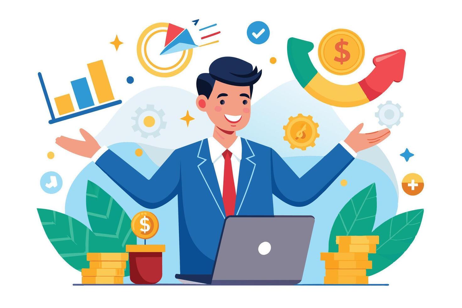 A cartoon businessman is depicted in a celebratory pose, holding a laptop while surrounded by images of financial success, including growing money, a rising arrow, and a checkmark. vector