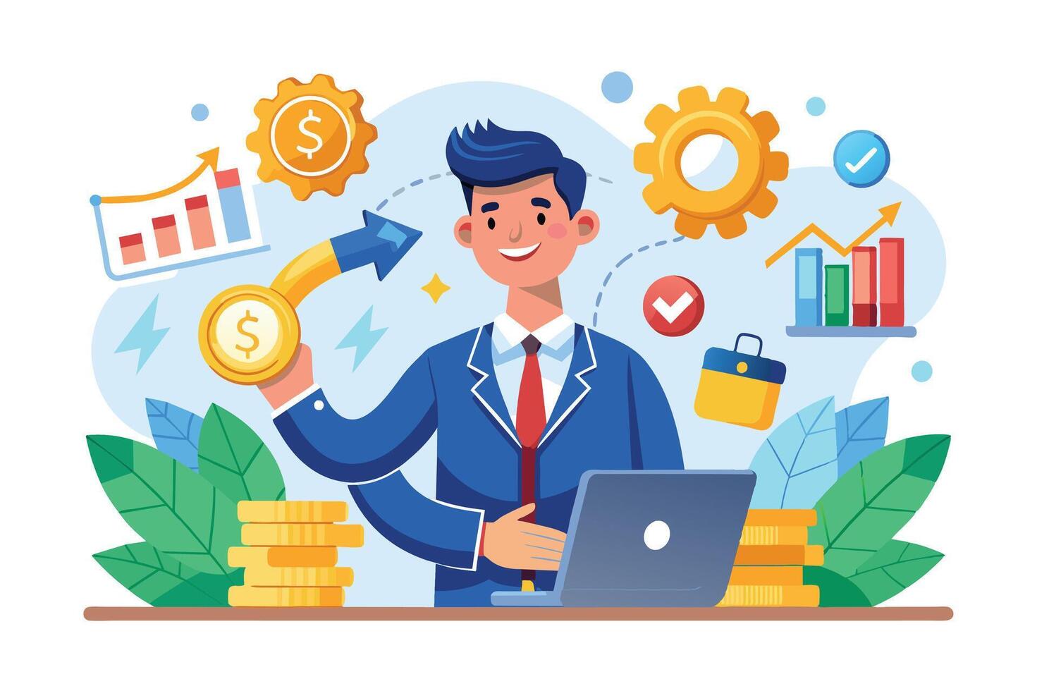 A happy businessman working on his laptop, surrounded by positive financial indicators and symbols of success, showcasing his ability to manage and grow his business effectively. vector
