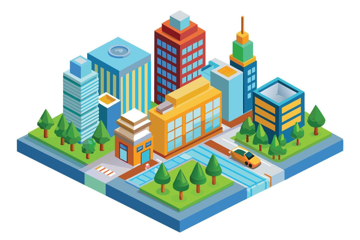 An illustration depicting a modern cityscape with a small park, featuring a car driving down the street, buildings of varying heights, and trees. vector