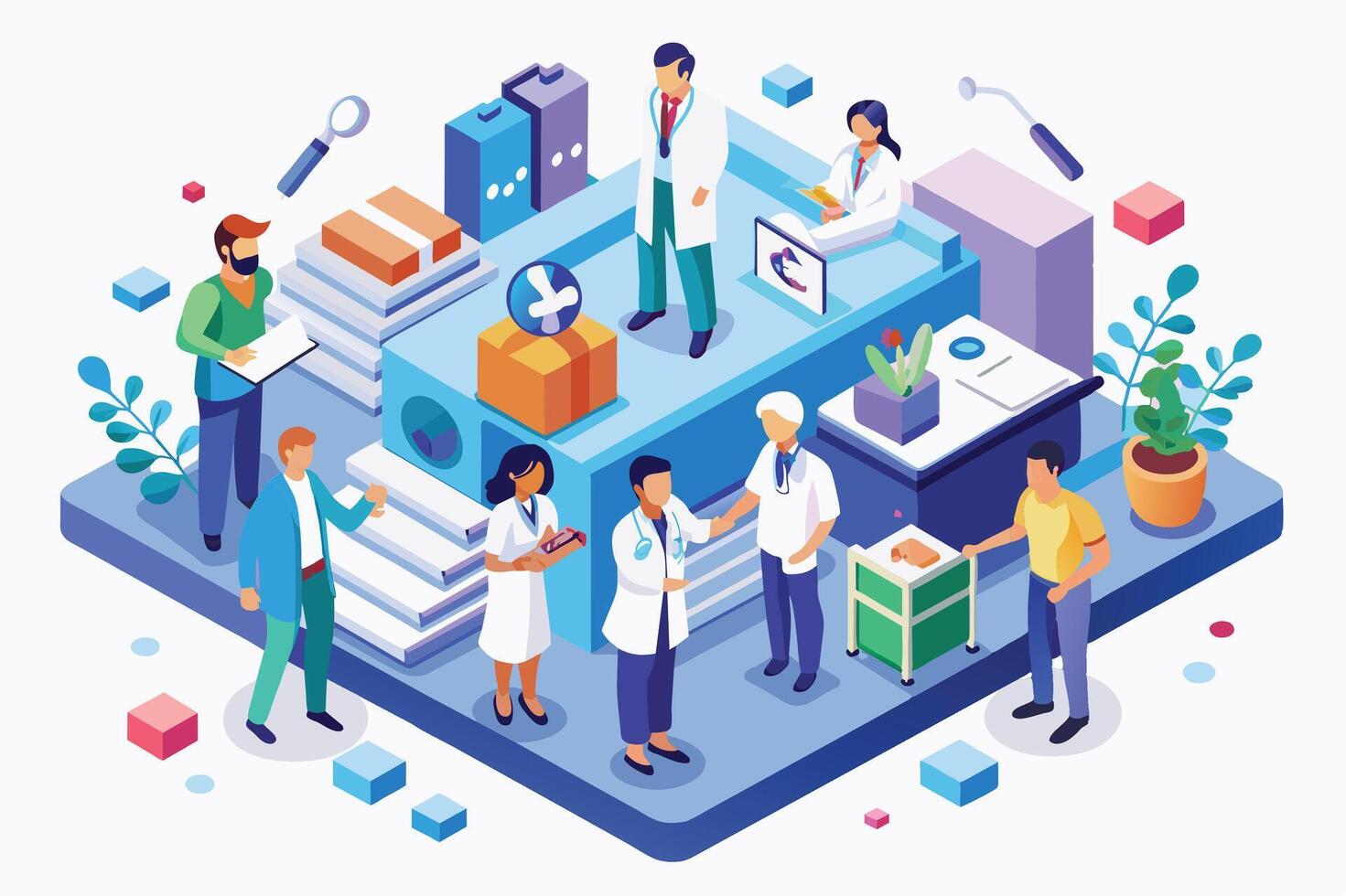 An isometric illustration showing medical workers in a healthcare setting. It includes doctors, nurses, and staff assisting patients and each other. vector