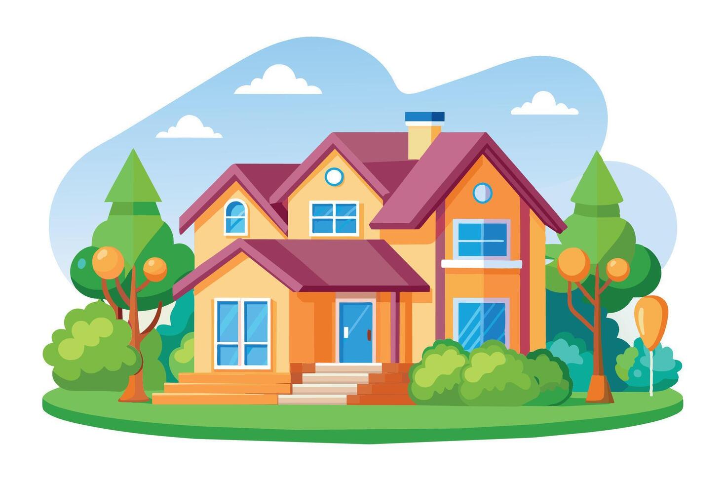 Illustration of a colorful two-story house with green trees and a yard. vector