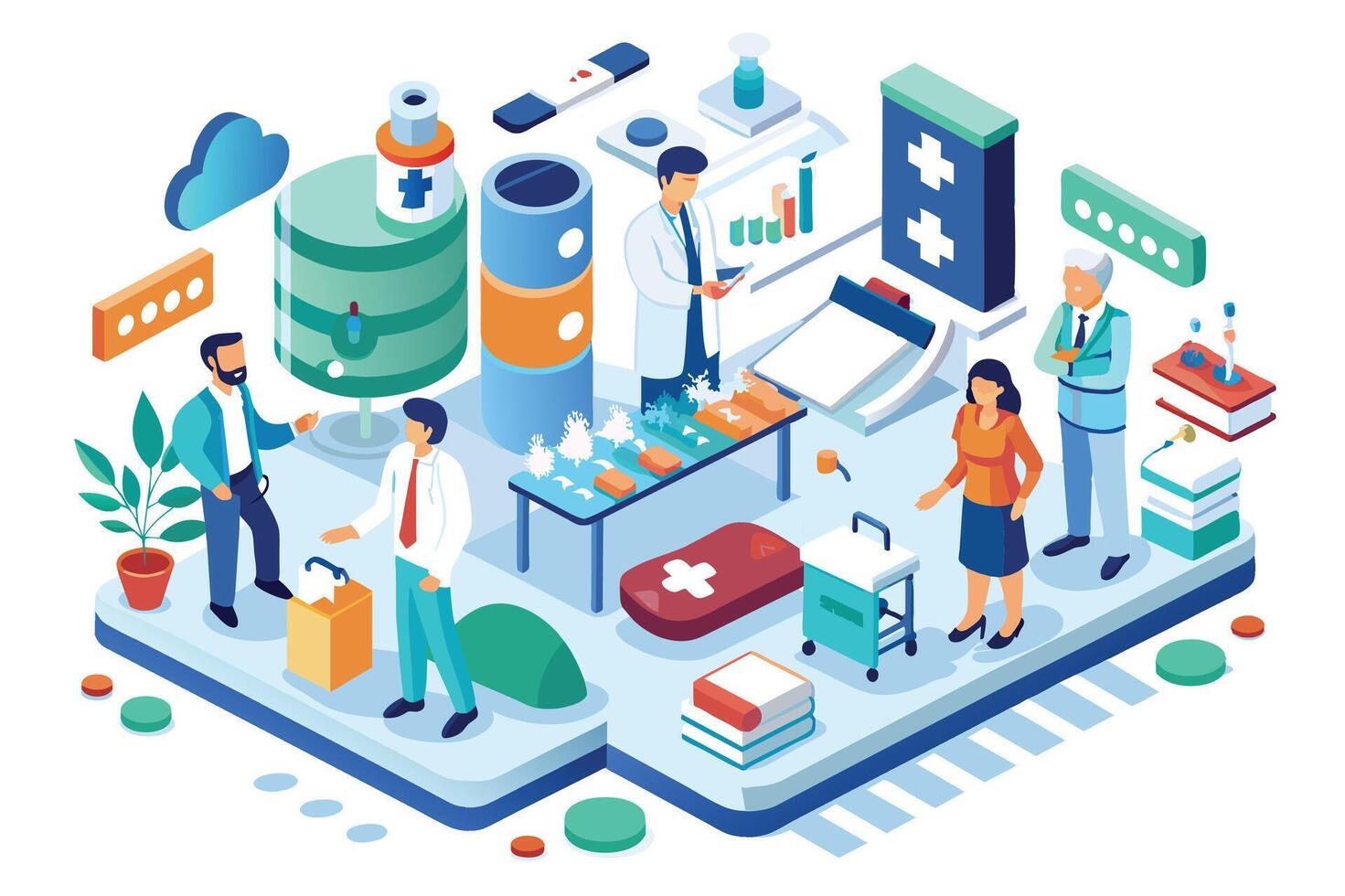 An illustration of a healthcare staff meeting with multiple medical professionals, showcasing their collaboration and communication within a modern medical facility. vector
