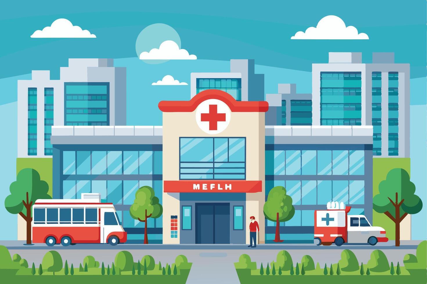 An illustration of a modern city hospital building with a large red cross on the front. There is an ambulance and a bus parked in front of the hospital on a sunny day. vector