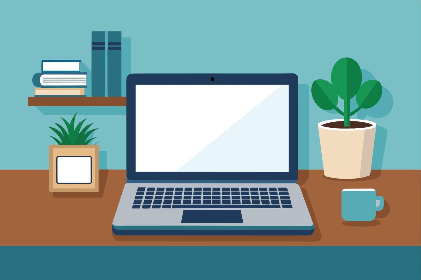 A flat design illustration of a laptop computer with a blank screen sitting on a wooden desk. There is a plant, a cup, and some books on a shelf in the background. vector