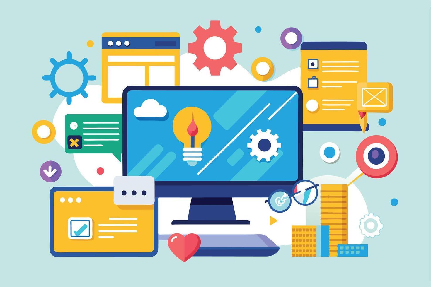 A colorful illustration of a computer screen with a lightbulb icon, surrounded by digital marketing icons and elements, representing modern digital marketing strategies. vector
