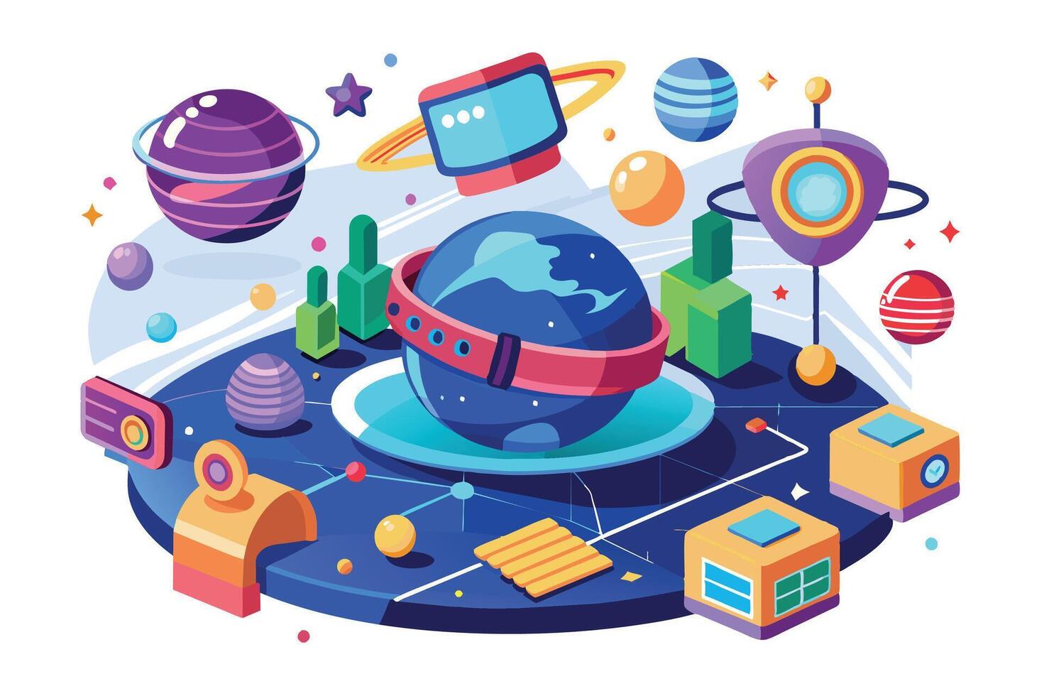 An illustration of a futuristic space scene with a large blue Earth surrounded by planets, stars, and other objects. vector