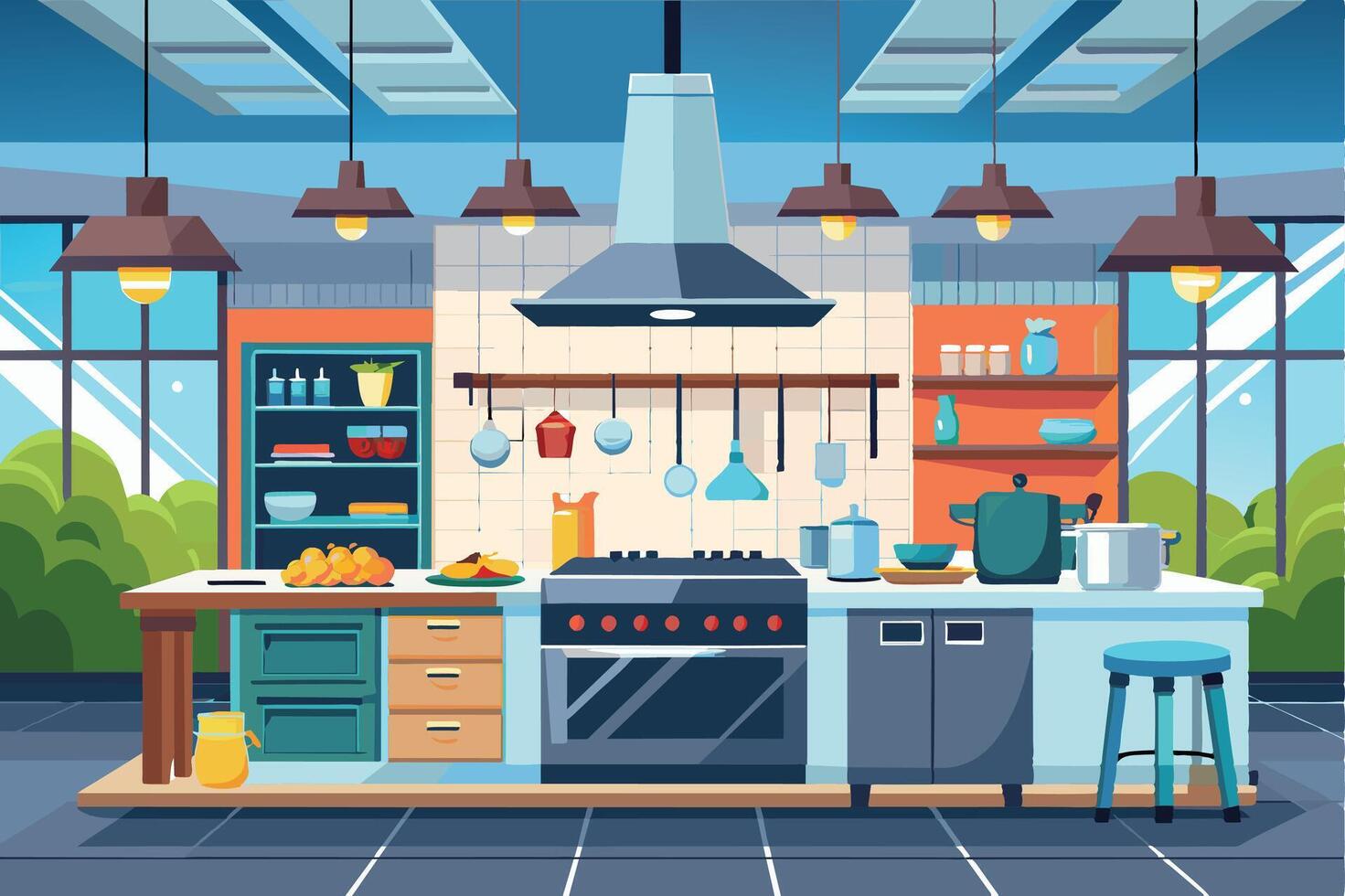 A colorful cartoon illustration depicting a modern kitchen interior with a stovetop, cabinets, and countertop. vector