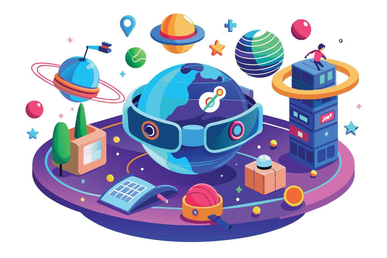 An illustration depicting a stylized Earth surrounded by planets and stars in a futuristic space setting. vector