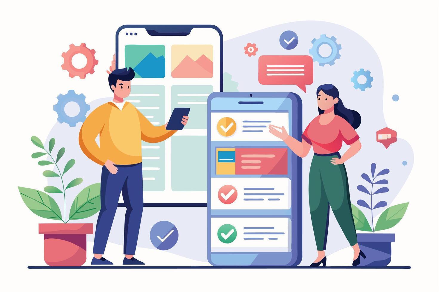 An illustration of two people working together on a mobile app development project, with checklists and designs visible on the screens of their devices. vector