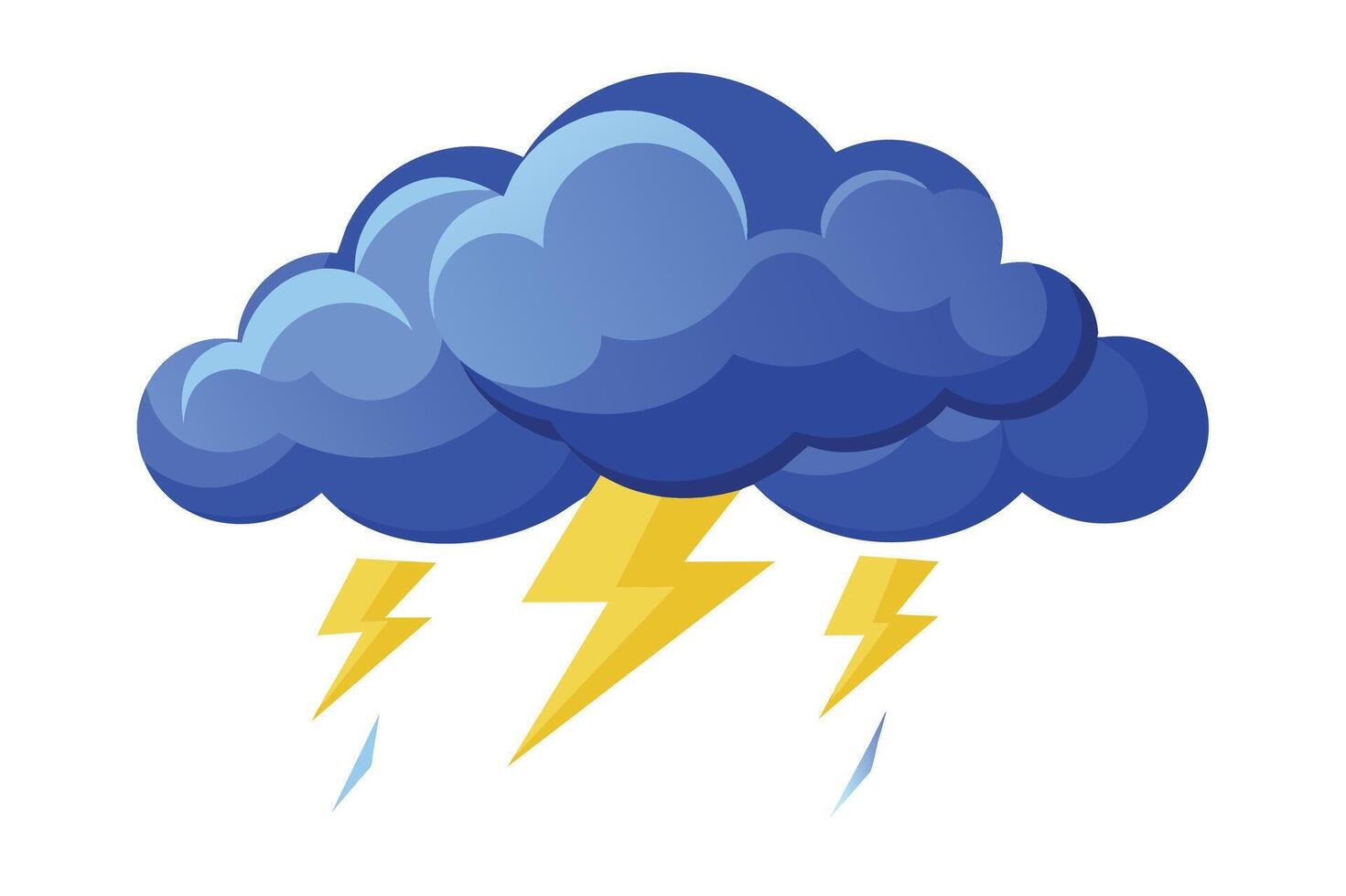 A cartoon illustration of a blue thunderstorm cloud with yellow lightning bolts and raindrops. vector