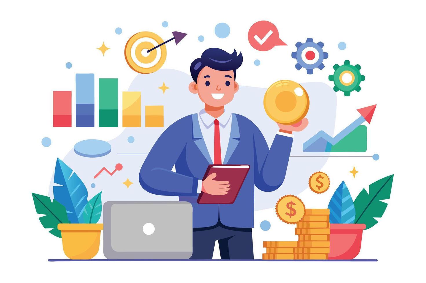 A cartoon illustration of a smiling businessman holding a gold coin, a laptop, and a chart. Surrounding him are various symbols of success, including money, a target, and a check mark. vector