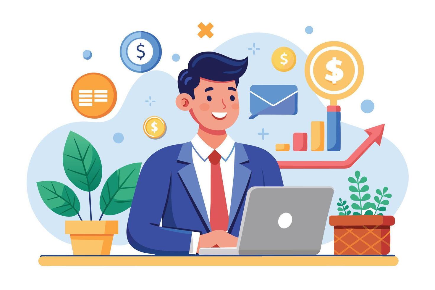 Illustration of a businessman working on his laptop, surrounded by dollar signs, a growth chart, and other business icons. vector