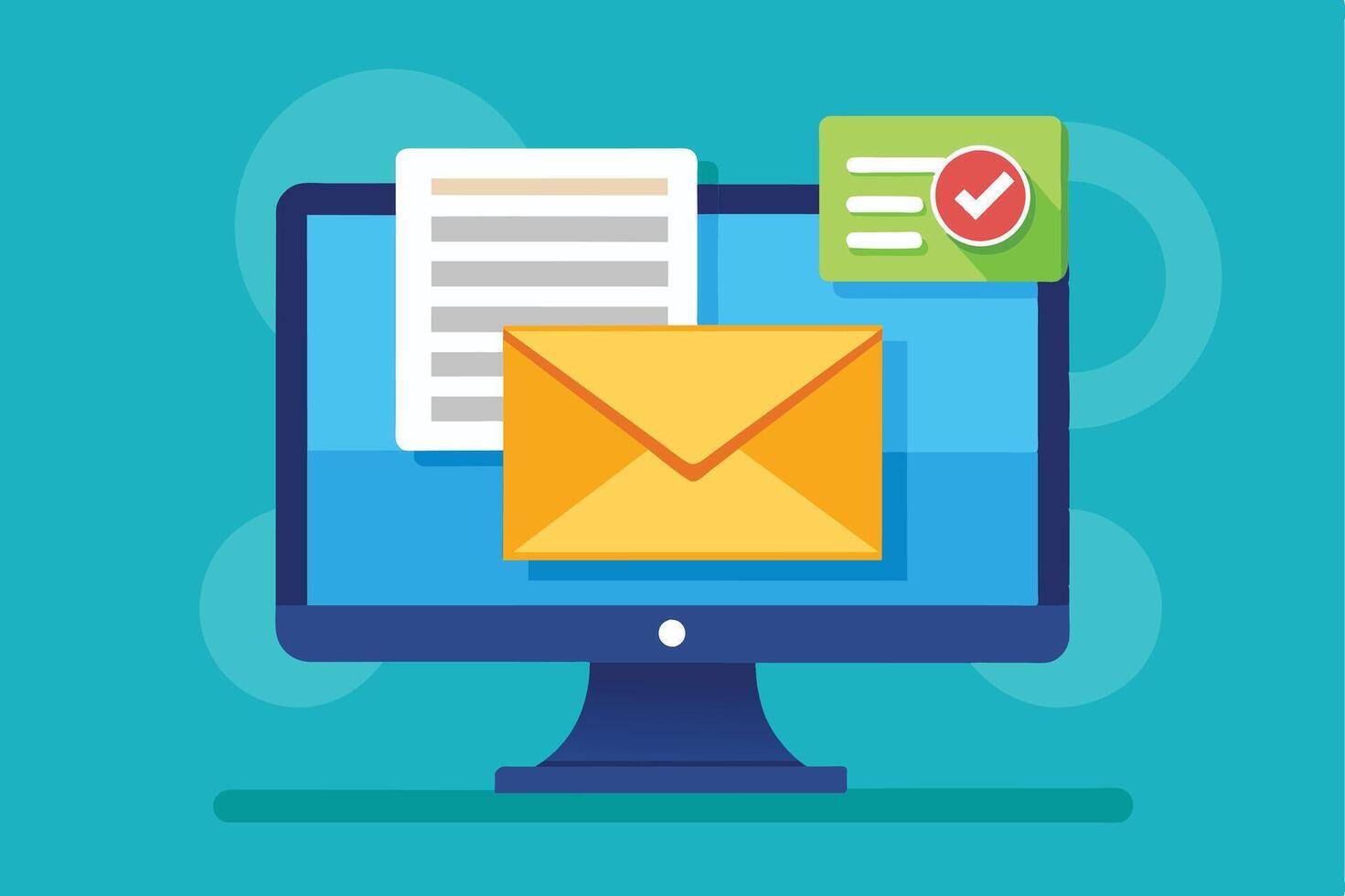 A computer monitor with a yellow email icon and white document icon on the screen. The monitor is on a blue desk with a blue background. vector