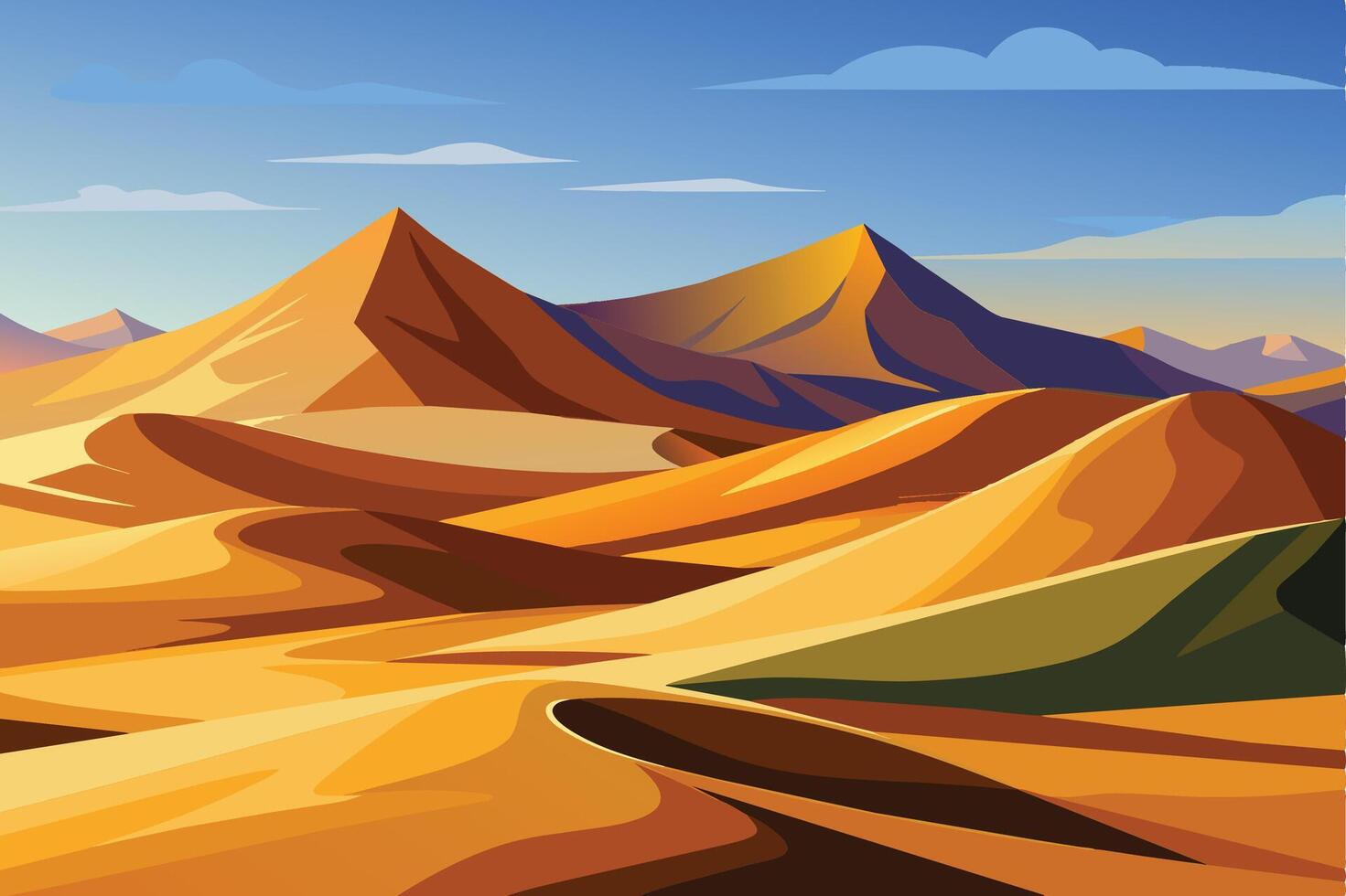 A picturesque illustration depicting a vast desert landscape with rolling sand dunes and distant mountain peaks bathed in the warm glow of the setting sun. vector