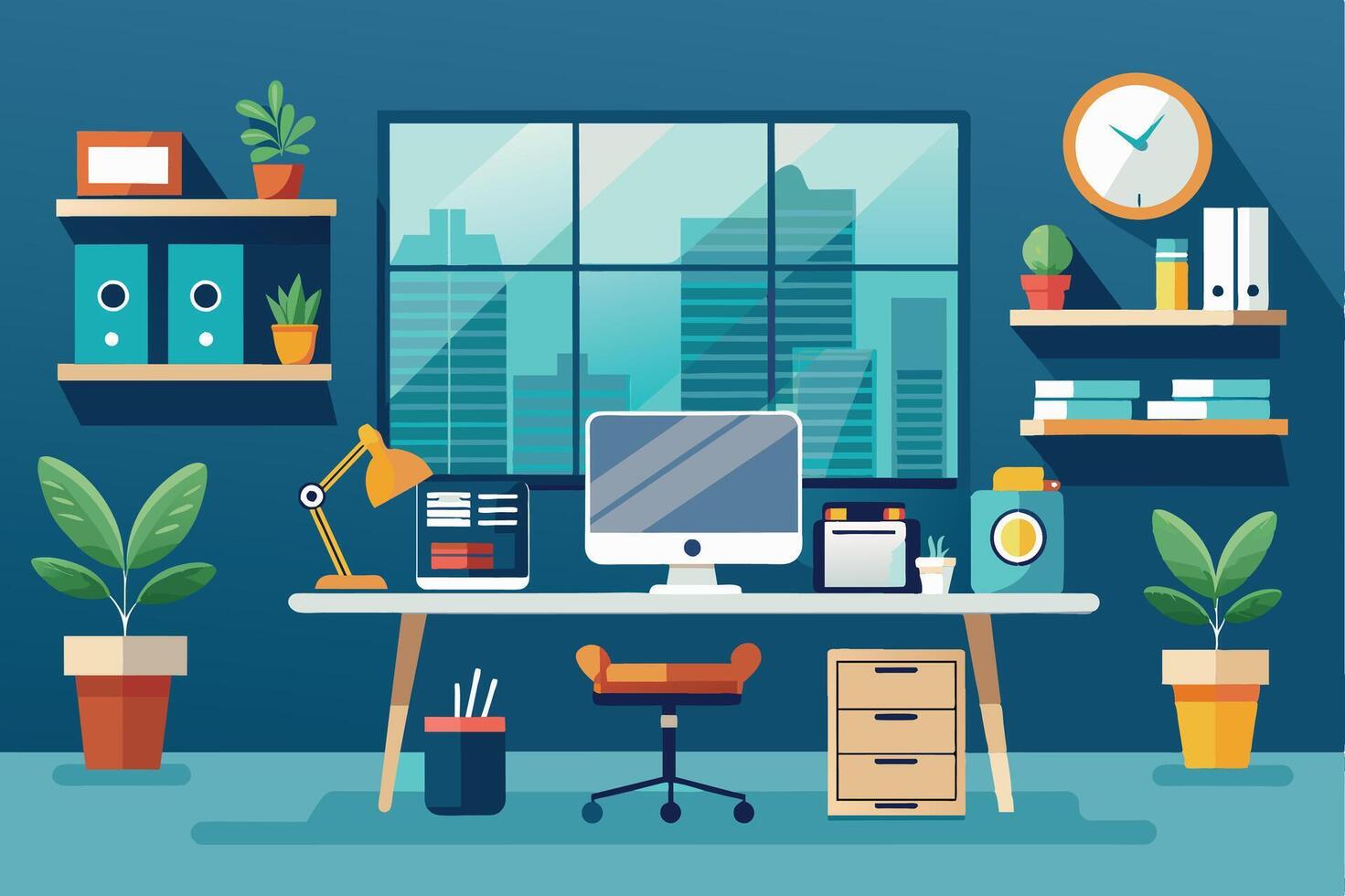 A modern office desk with a computer, lamp, chair, and plants. The desk is against a blue wall with a window overlooking a city skyline. vector