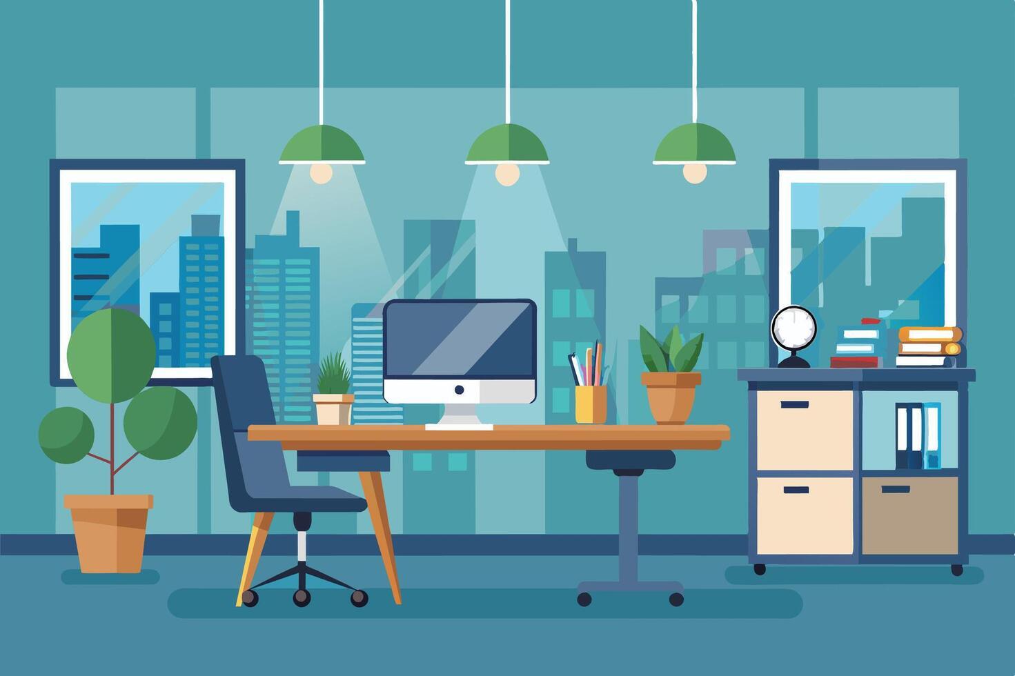 Image of a sleek office desk with computer, chair, and plants next to a window overlooking a cityscape. Filing cabinet is on the right. vector