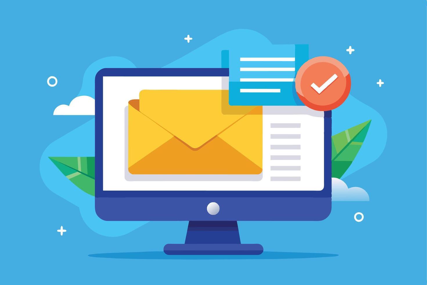 Illustration of a computer monitor displaying an email envelope with a checkmark icon, signifying a successful or completed action. vector