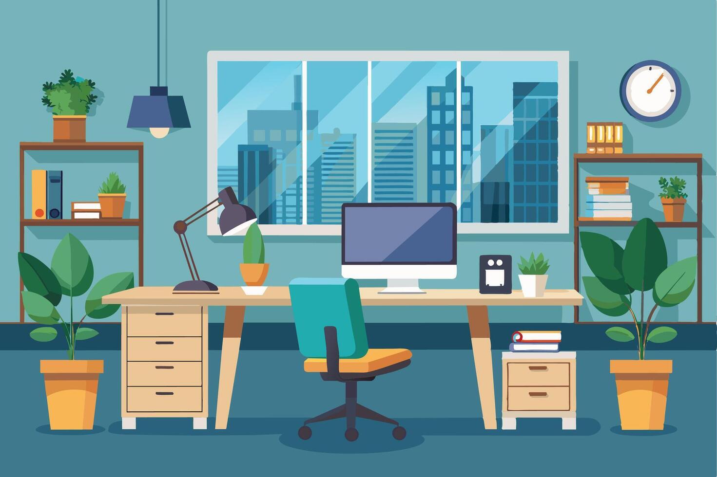 A modern office desk with a computer, desk lamp, and office chair sits next to a window with a cityscape view. There are shelves with books and potted plants in the room. vector
