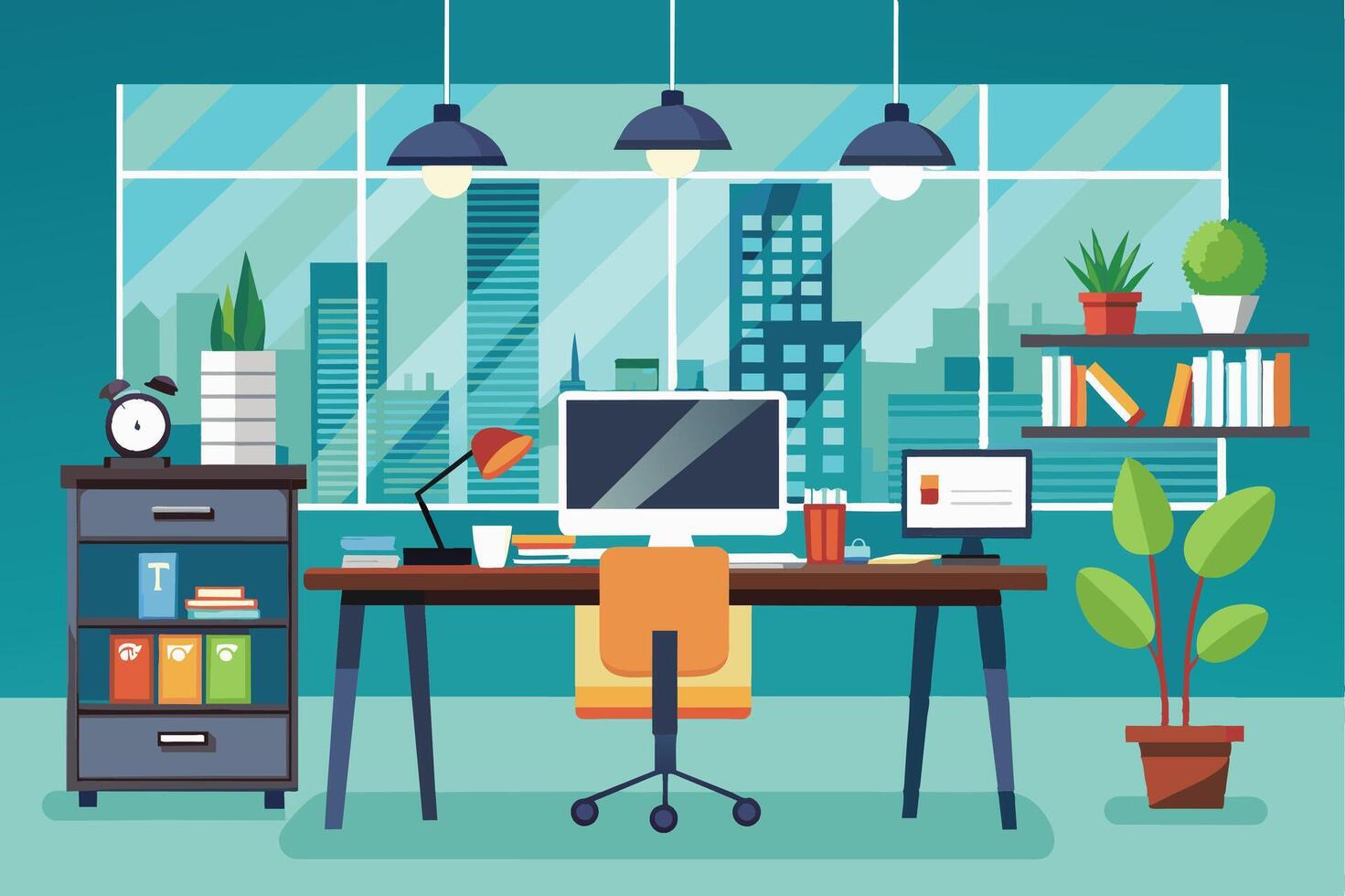 An illustration depicting a modern office workspace with a large window overlooking a city skyline. A desk with a computer, desk lamp, office chair, and other office supplies is featured. vector