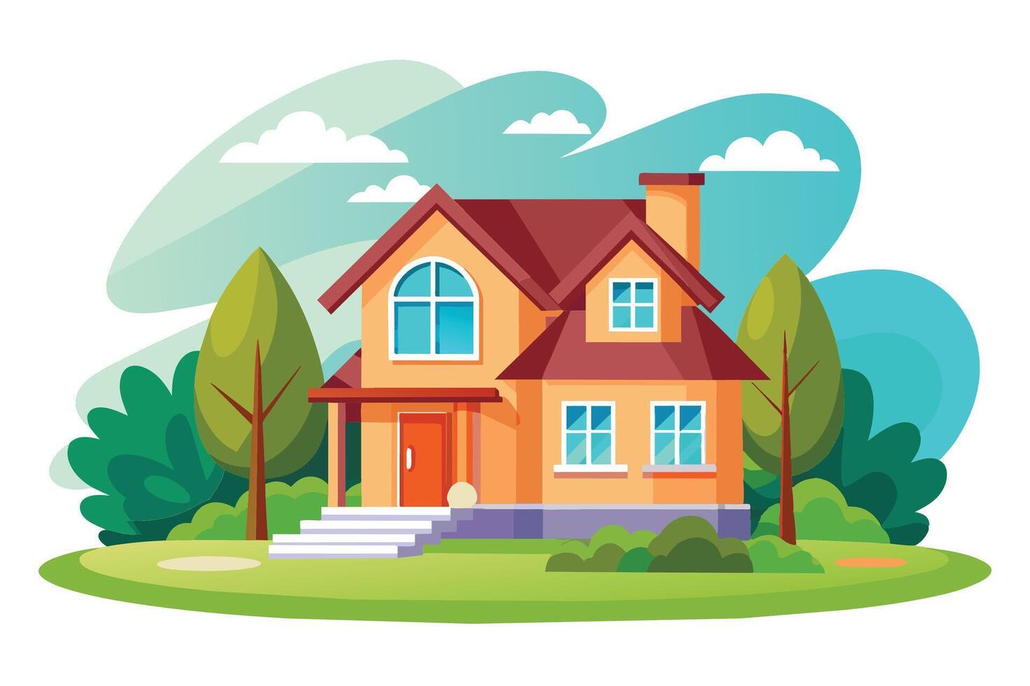 Two-story red-roofed house with white porch, large upstairs window, two small downstairs windows. Green yard with trees and bushes. vector