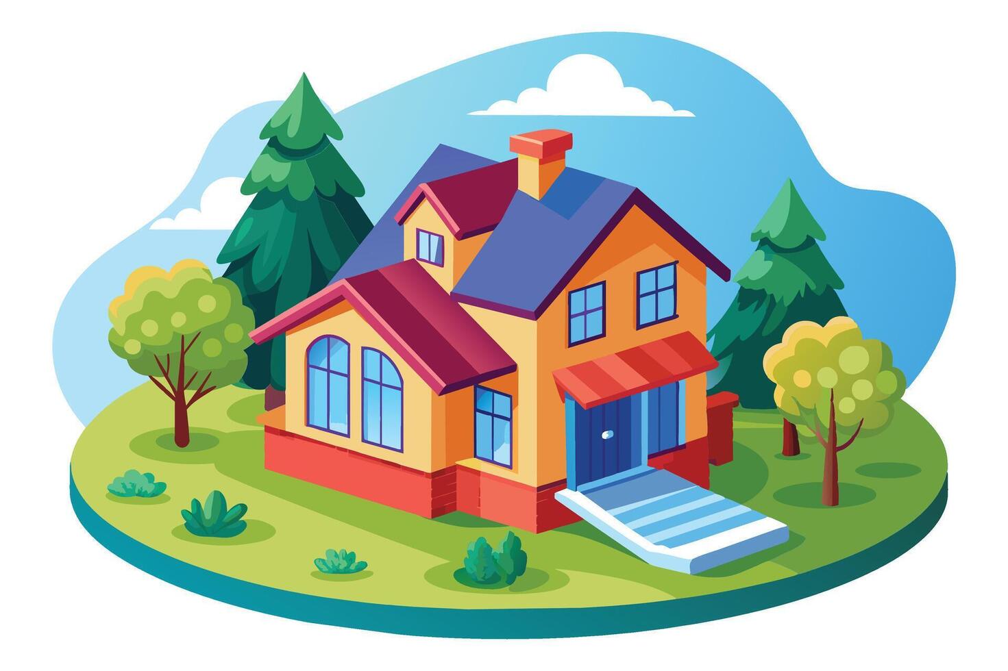 An illustration of a two-story house with a blue roof, yellow walls, and red trim, set in a grassy yard with green trees and a blue sky. vector