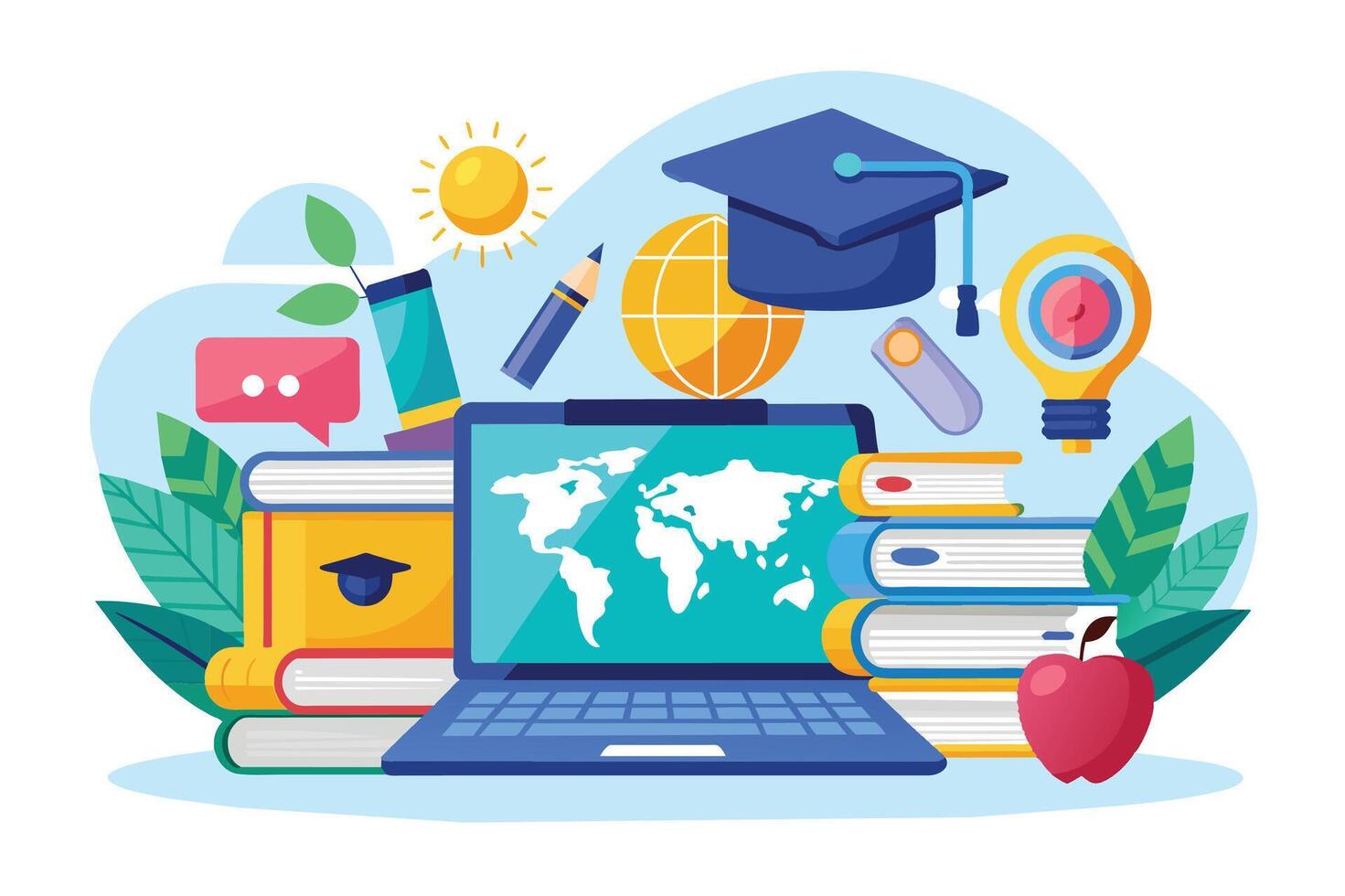 A colorful illustration depicting a laptop with a world map on the screen, surrounded by books, a graduation cap, a pencil, and other learning-related objects. vector
