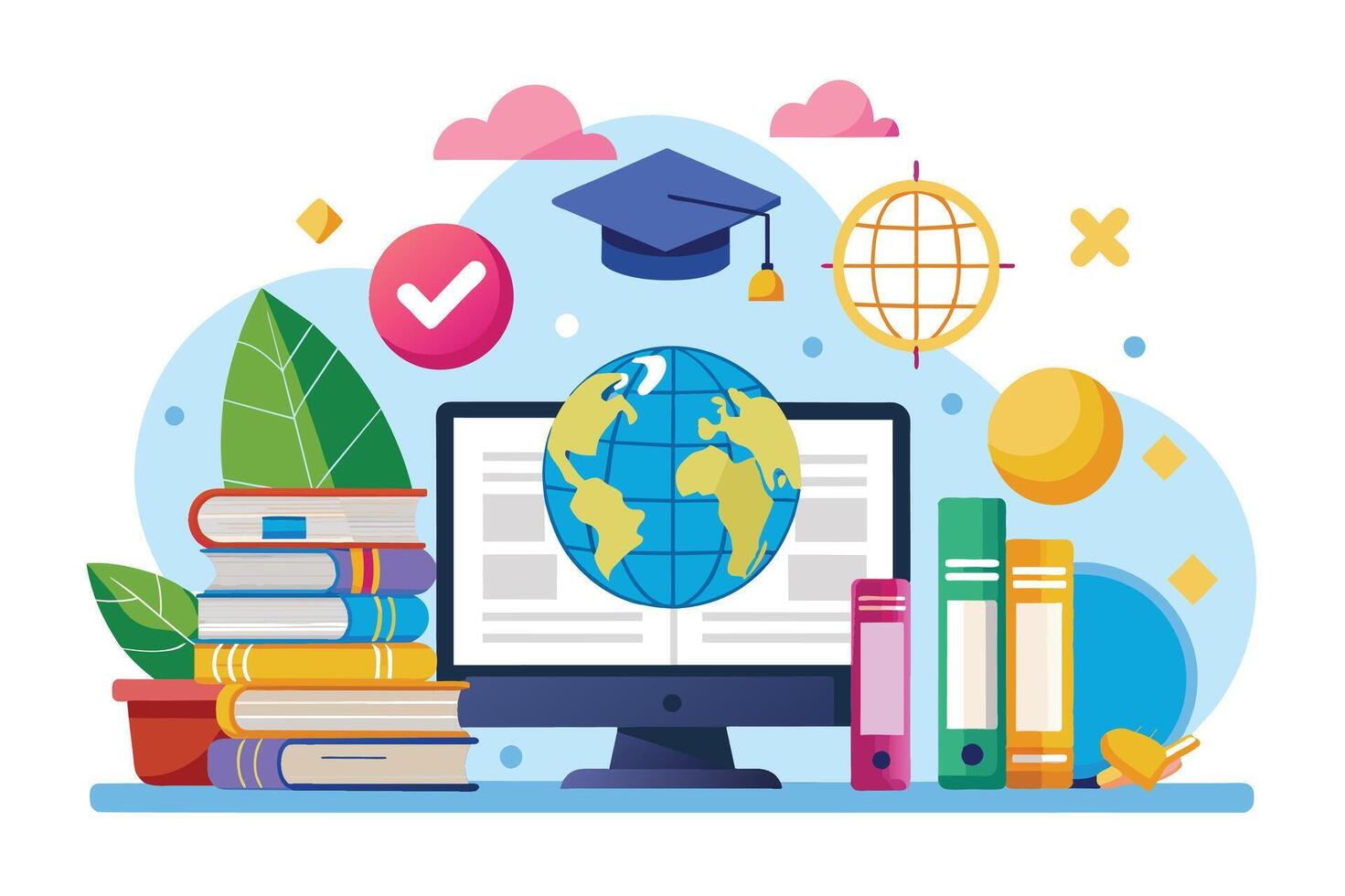 An illustration depicting online education with a computer, books, and a graduation cap. vector