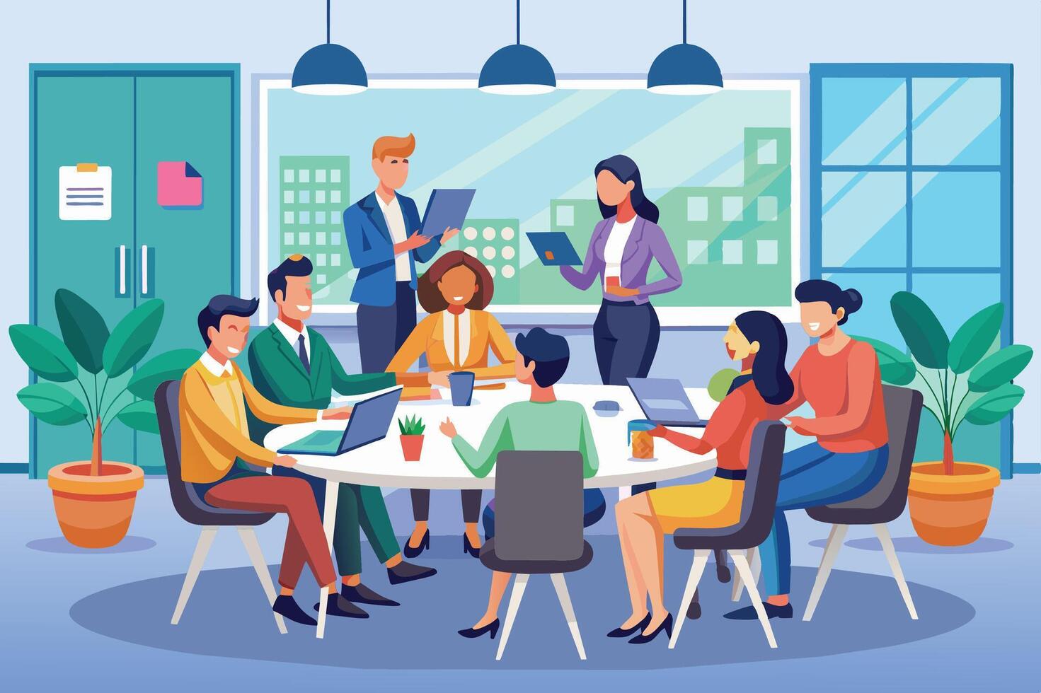 A diverse group of professionals are having a meeting around a table in a modern office setting. They are using laptops and discussing ideas. vector