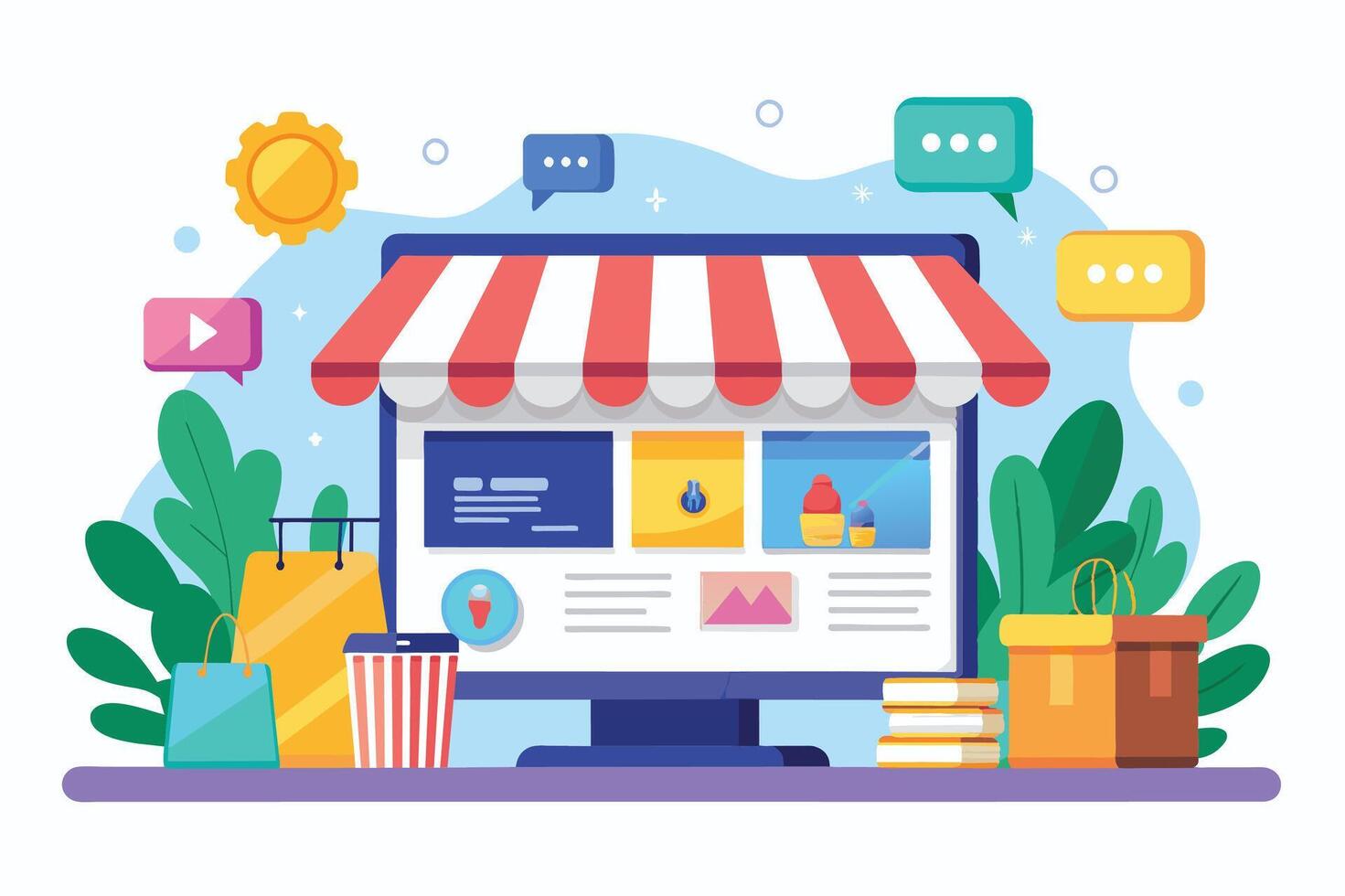 An illustration of an online store with a striped awning and product images on a computer screen. There are also shopping bags, a cup of coffee, and a stack of books. vector