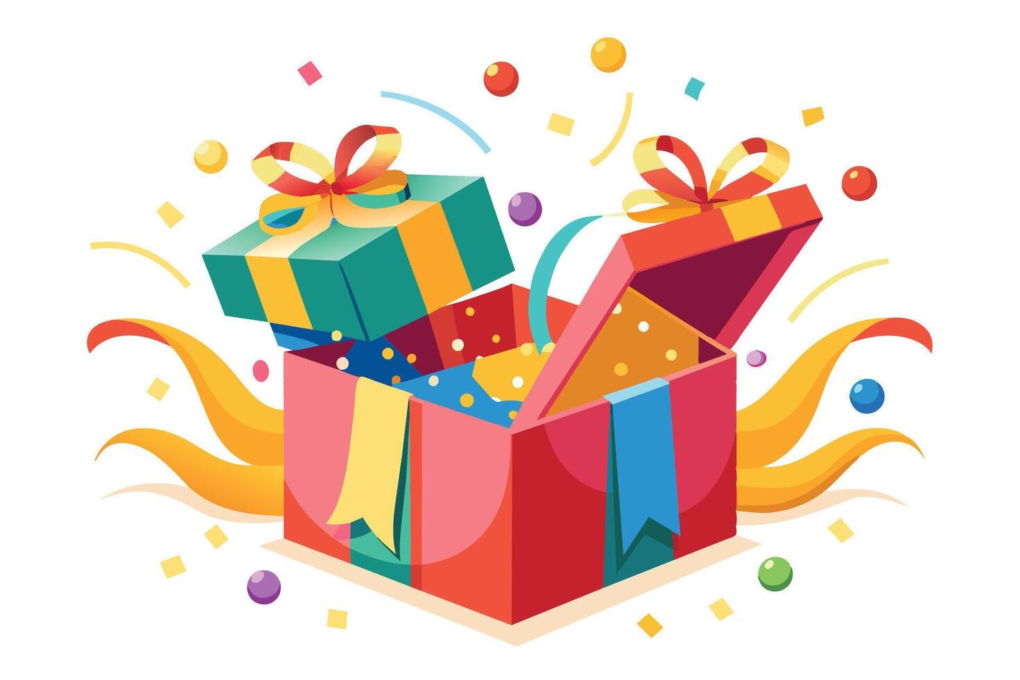 A illustration of brightly colored gift boxes exploding with confetti, representing joy, celebration, and surprise. vector