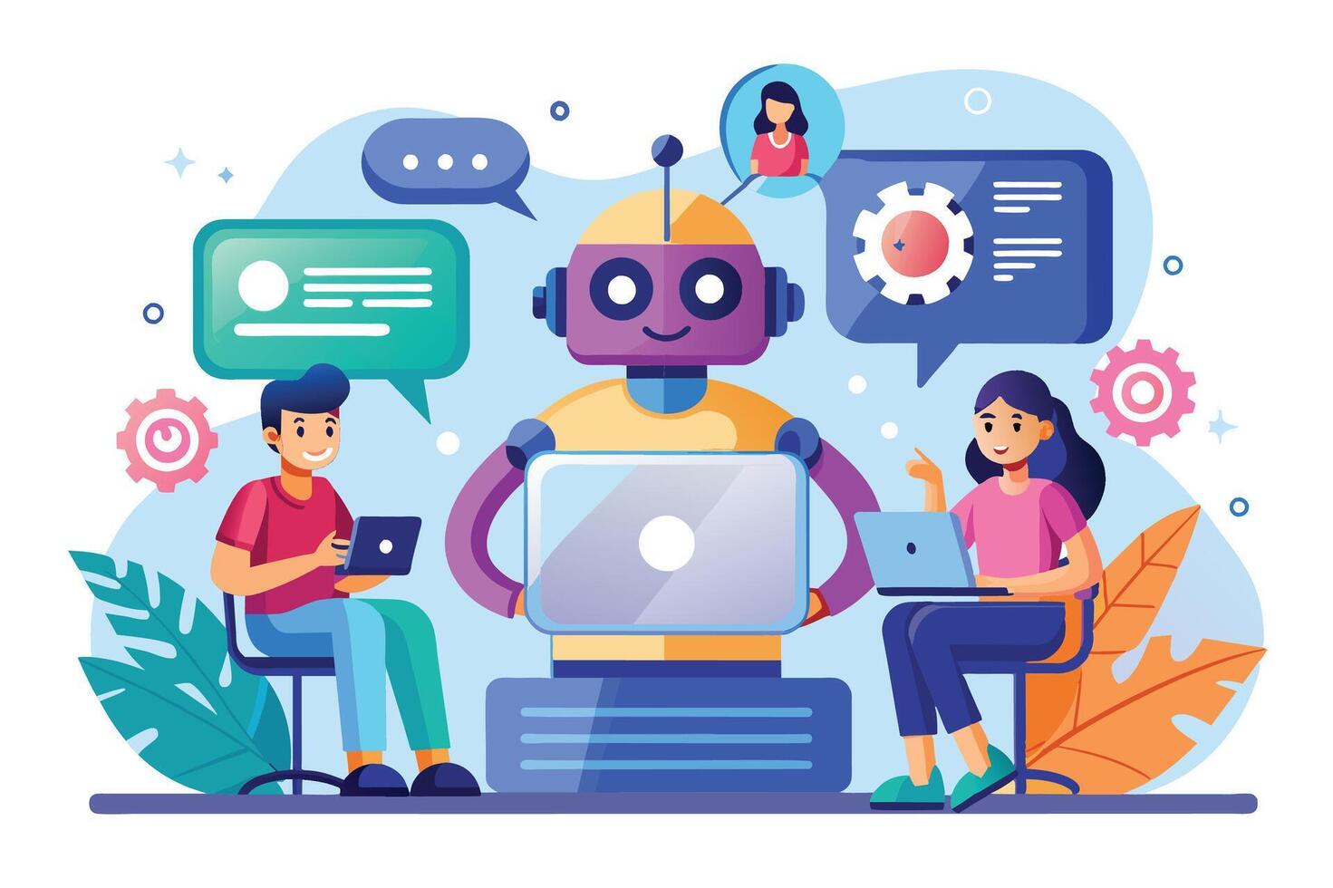 Illustration of a laptop robot helping two people also using laptops. Speech bubbles around the robot show communication and assistance. vector
