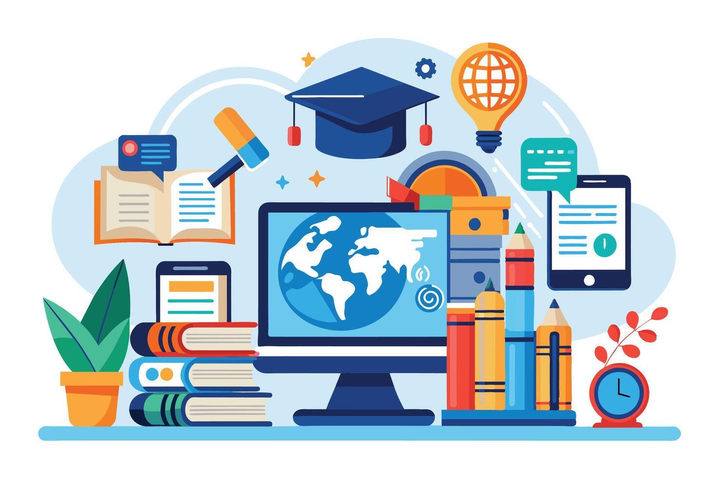 An illustration depicting global online education with icons of books, a graduation cap, pencils, a computer screen with a world map, and a smartphone. vector
